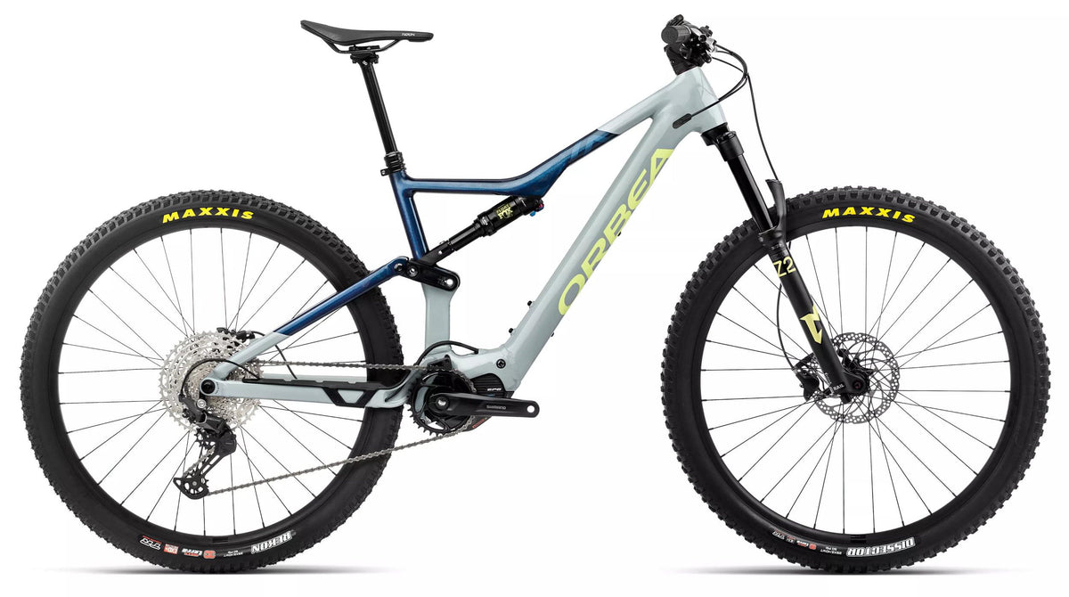 Bicicletas Eléctricas eTrail Orbea Rise H30 Horquilla FOX 36 Float AWL HD 2024 Iceberg Grey/Moondust Blue Gloss